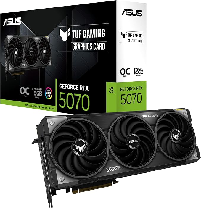 ASUS TUF Gaming GeForce RTX 5070 OC with triple Axial-tech fans and vented exoskeleton