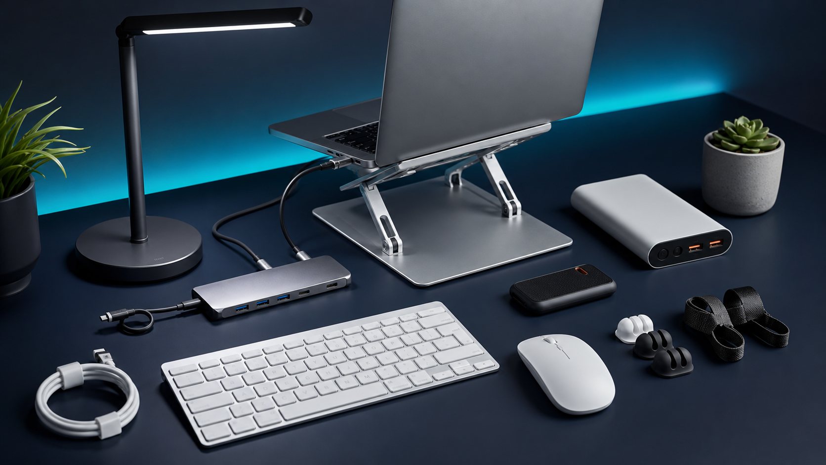 Illustrative desk setup with laptop and accessories